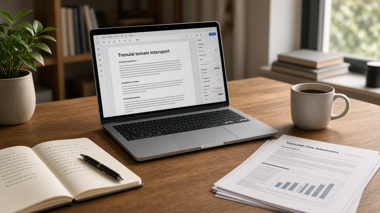 A desk with a laptop, a printed report, and a notebook — a typical scene of working with office documents