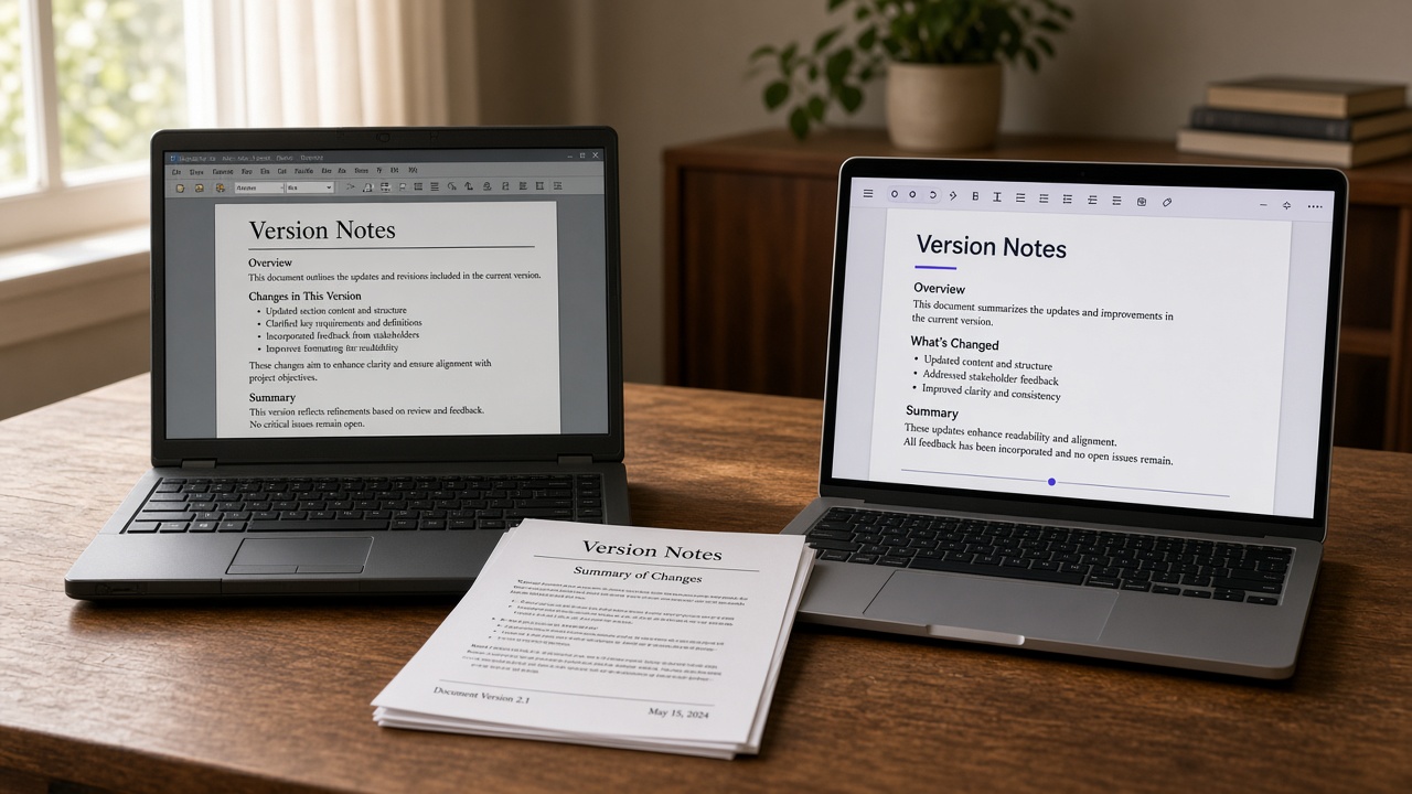 Two laptops side by side: an older document interface on the left and a modern one on the right
